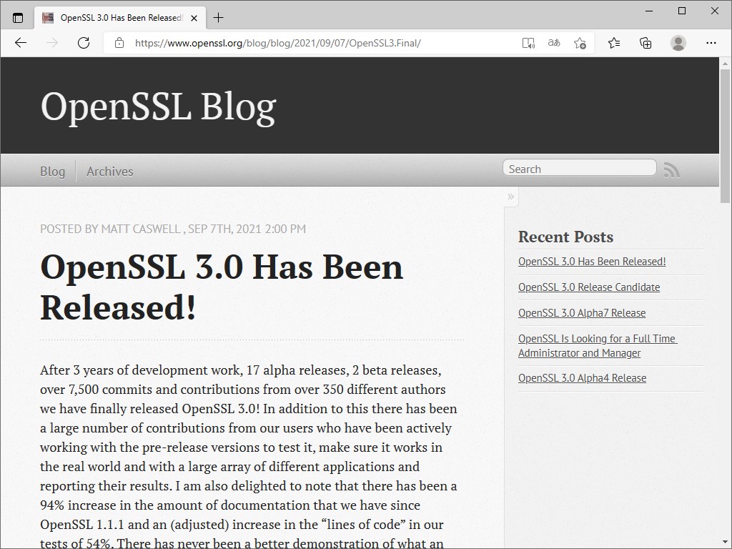 「OpenSSL 3.0.0」が公開