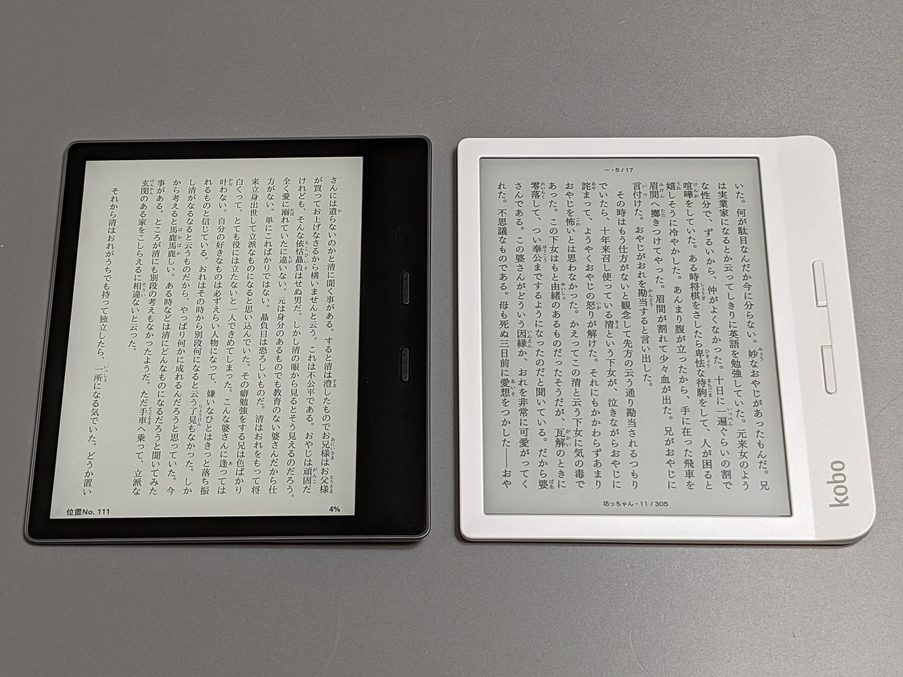 両製品とも7型、かつ画面の横にページめくりボタンを搭載するなどデザインは酷似している。上下を反転させ、ボタンが左側に来る状態で使うことも可能