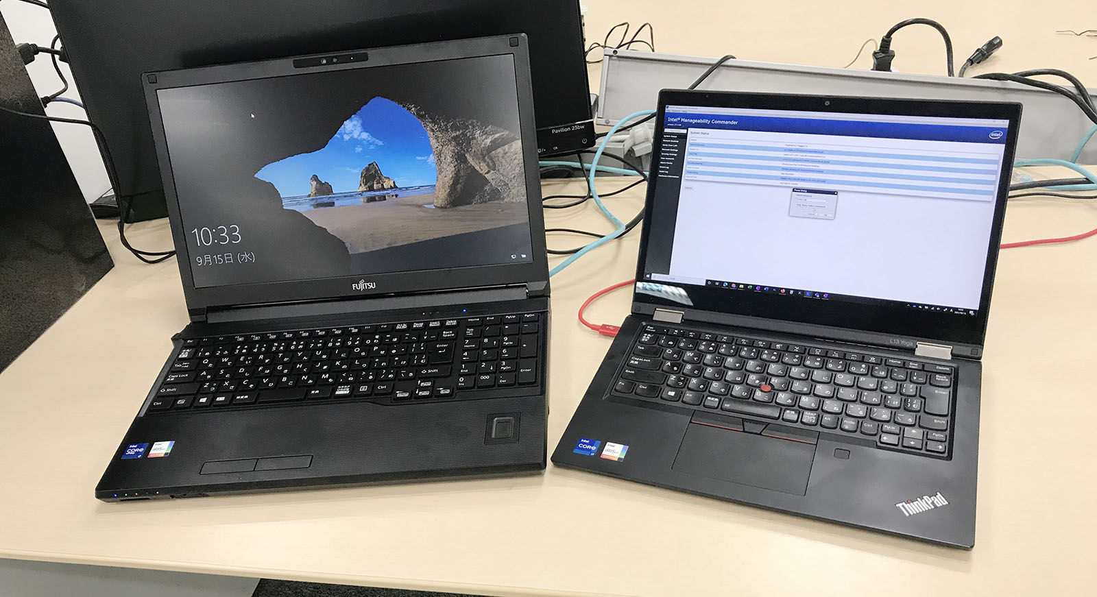 新PC（左）の遠隔制御をテスト中