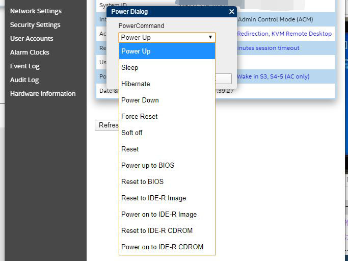 vProでは、メニューから「電源ON」「強制リセット」などを選ぶだけでネット越しに操作可能。BIOS画面も操作できるリモートデスクトップ機能も備える