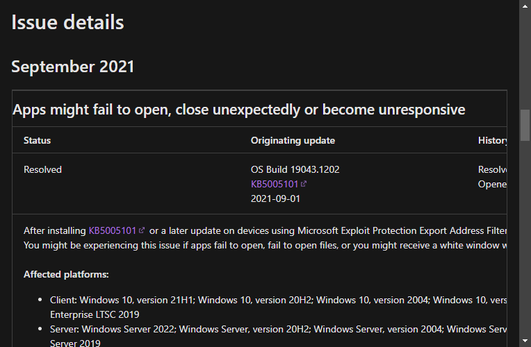 エクスプロイト保護機能「EAF」を利用しているデバイスに2021年8月Cリリースおよびそれ以降のパッチをインストールすると、一部のアプリケーションで問題が発生