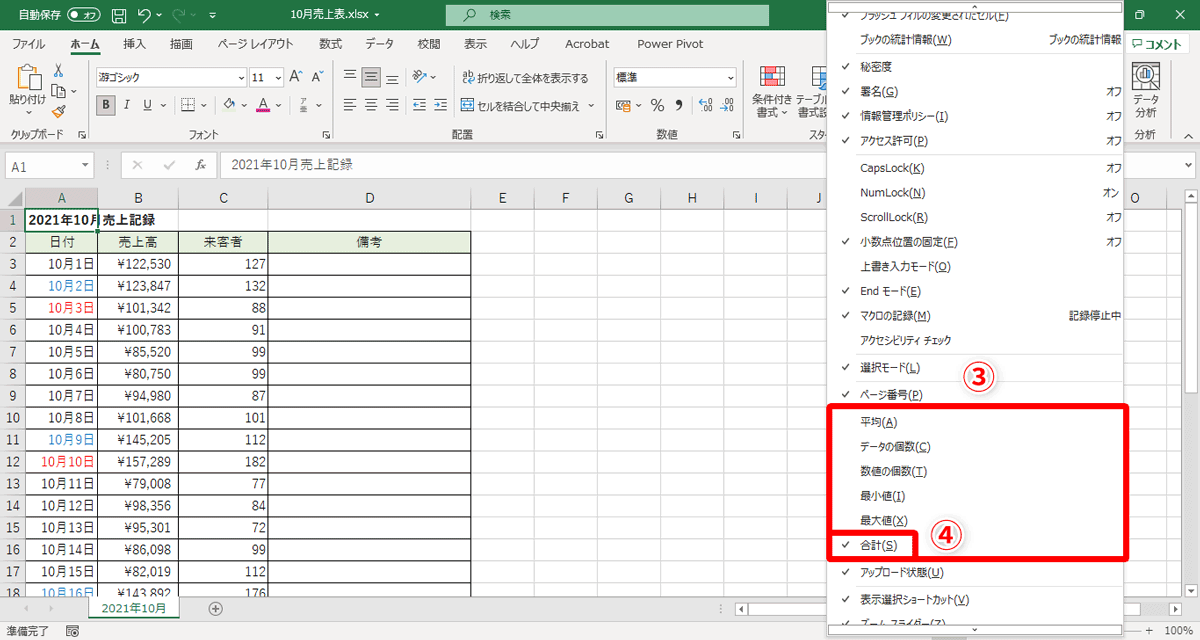 全6種類の項目のうち、現在は［合計］（④）のみが選択されています