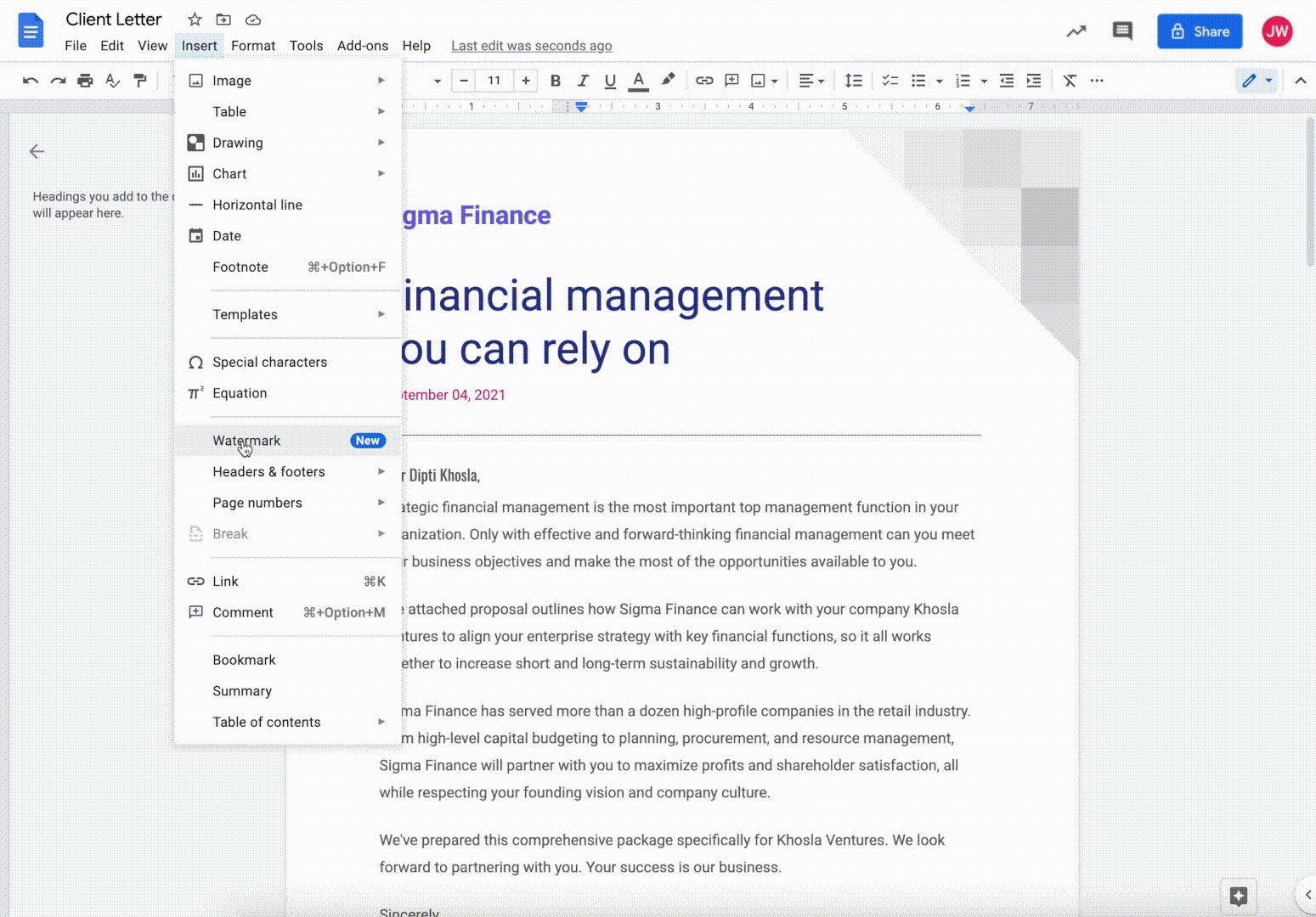 透かしの挿入コマンドは、「Google ドキュメント」の［挿入］メニューに新設