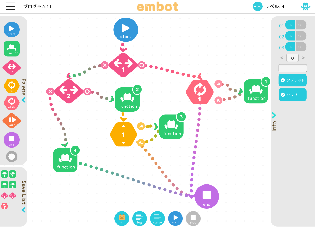 レベル4の画面で少し複雑なプログラムを作ったところ。［if］や［while］などもある
