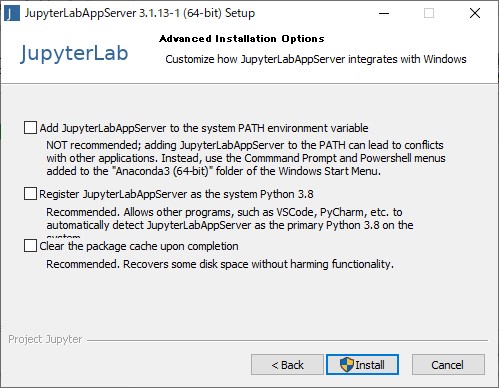 「JupyterLab」サーバーのセットアップは簡単だが、途中「Recomended」（推奨）となっているオプションは有効にしておいた方がよさそうだ