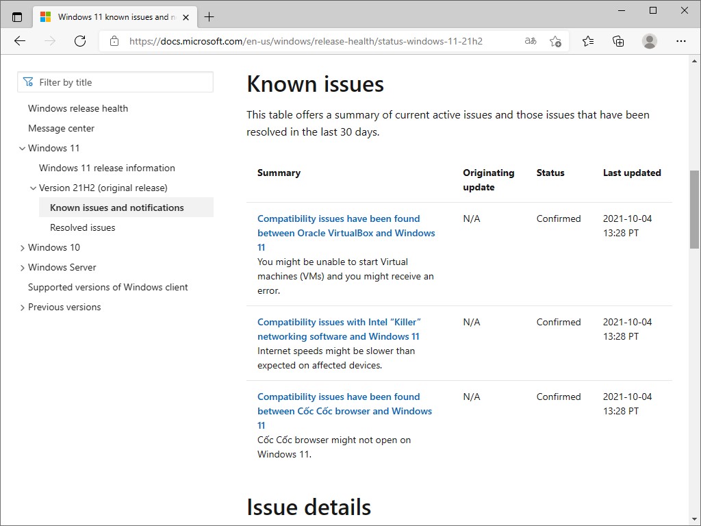 「Windows release health」ページ