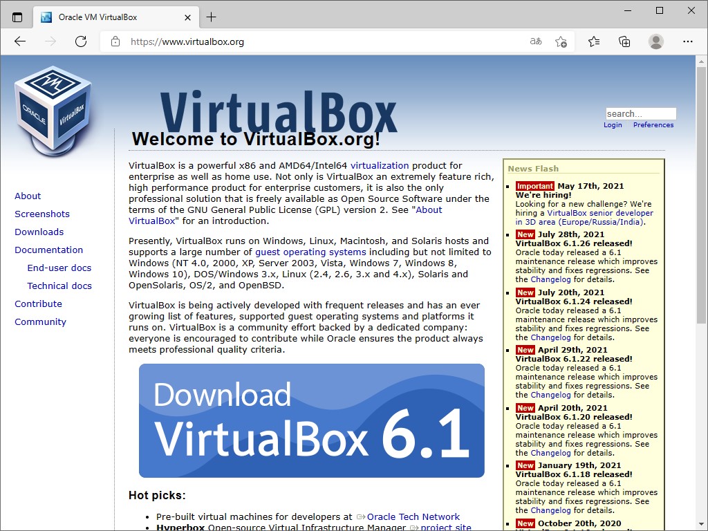 「Oracle VM VirtualBox」のWebサイト