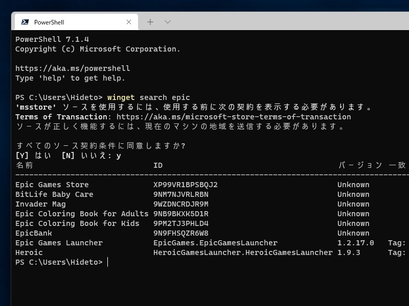 パッケージ管理ツール「winget」を使って「Epic Games Store」（Epic Games Launcher）をインストール