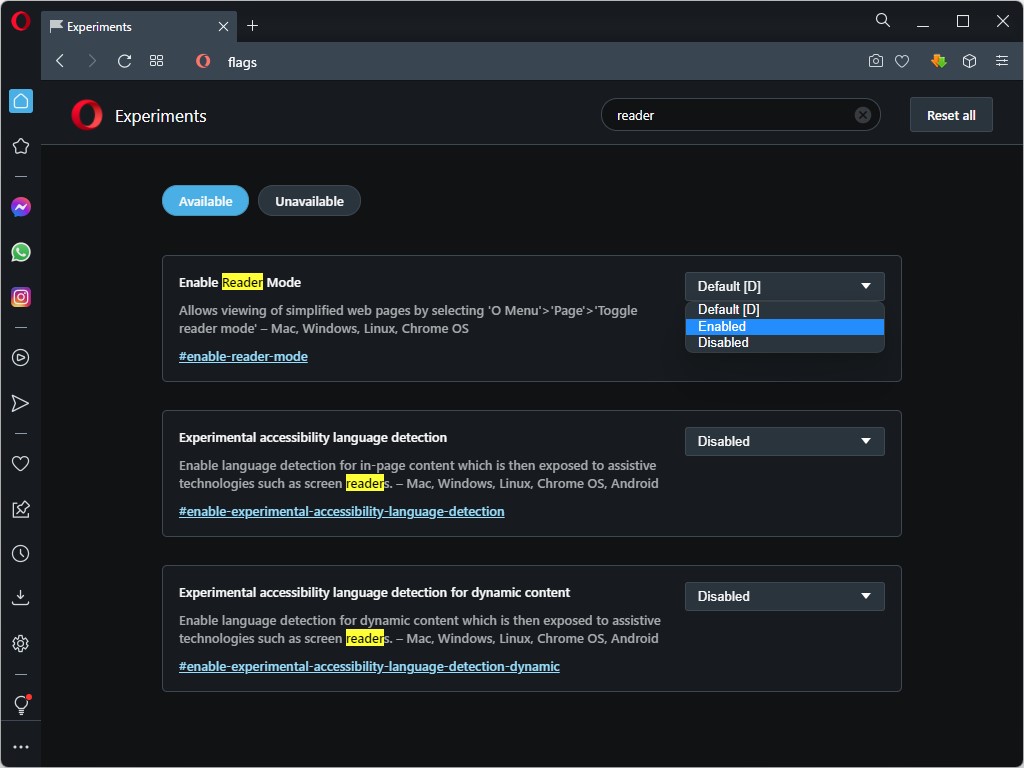 試験機能画面（about:flags）で「Reader Mode」のフラグを有効化してWebブラウザーを再起動