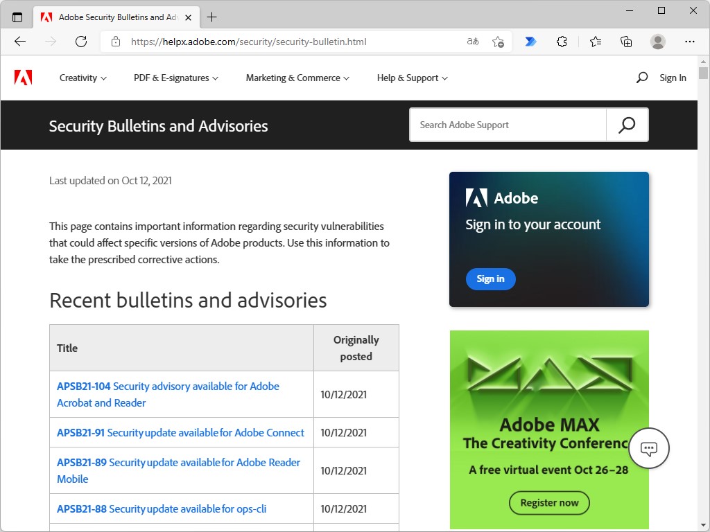 同社のセキュリティ情報ページ