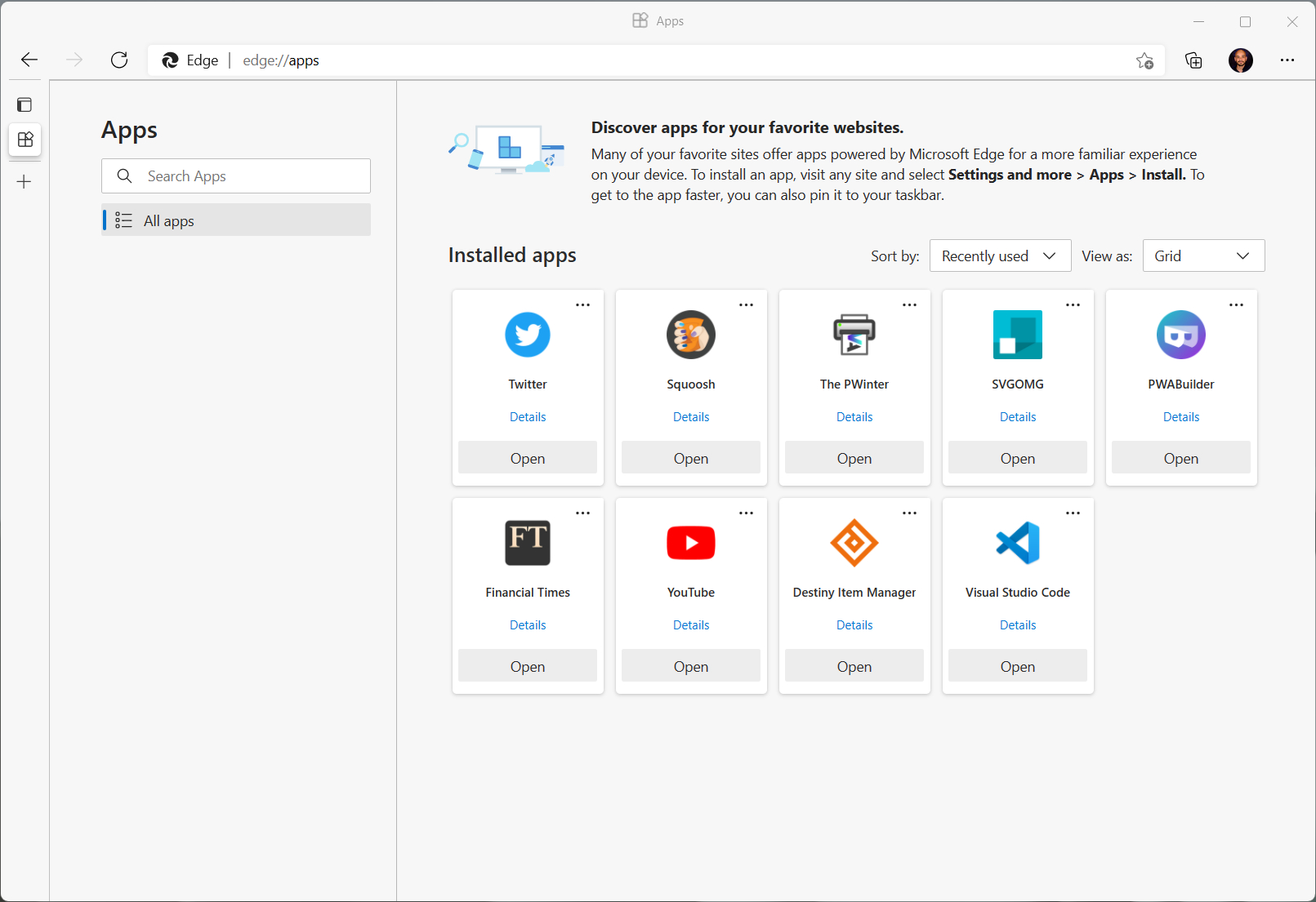 「Microsoft Edge 96」で導入されるアプリ管理画面の新しいデザイン