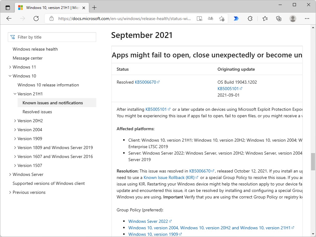 エクスプロイト保護機能「EAF」を利用しているデバイスに2021年8月Cリリースおよびそれ以降のパッチをインストールすると、一部のアプリケーションで問題が発生