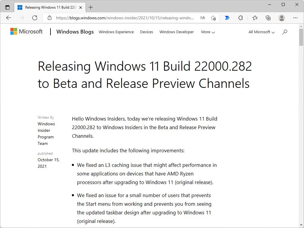 「Windows 11 Insider Preview」Build 22000.282がBeta/Release Previewチャネルで提供開始