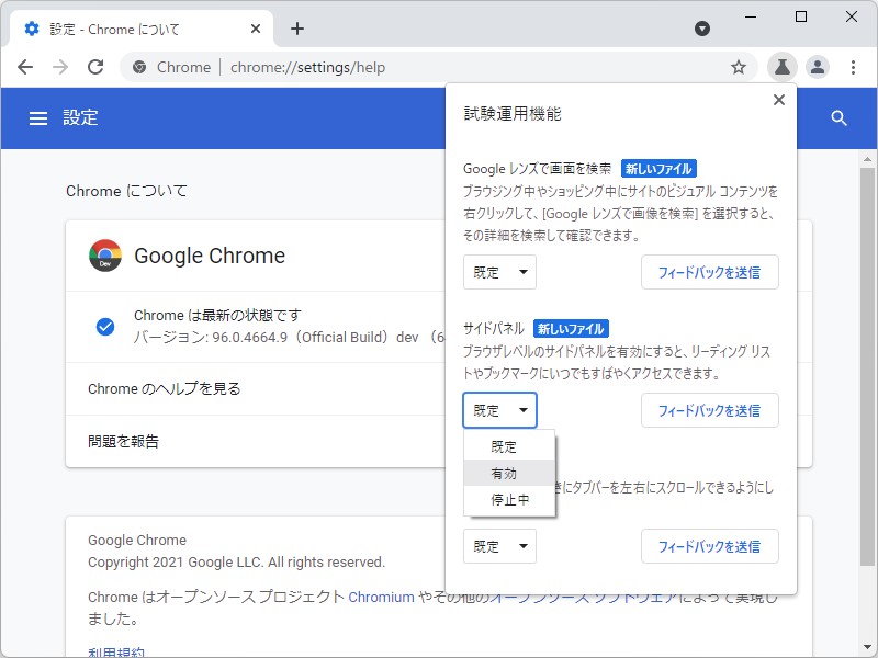 Dev版「Chrome 96」ならば、ツールバーの［おすすめのテストを有効にする］ボタン（ビーカーのアイコン）から手軽にフラグを有効化できる