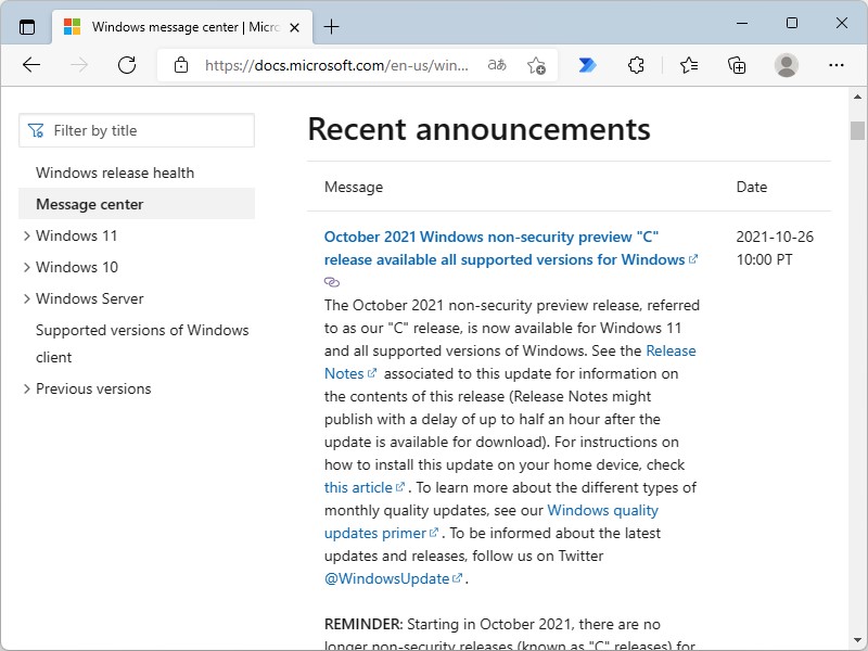 Microsoft、2021年10月のプレビュー更新プログラムをリリース