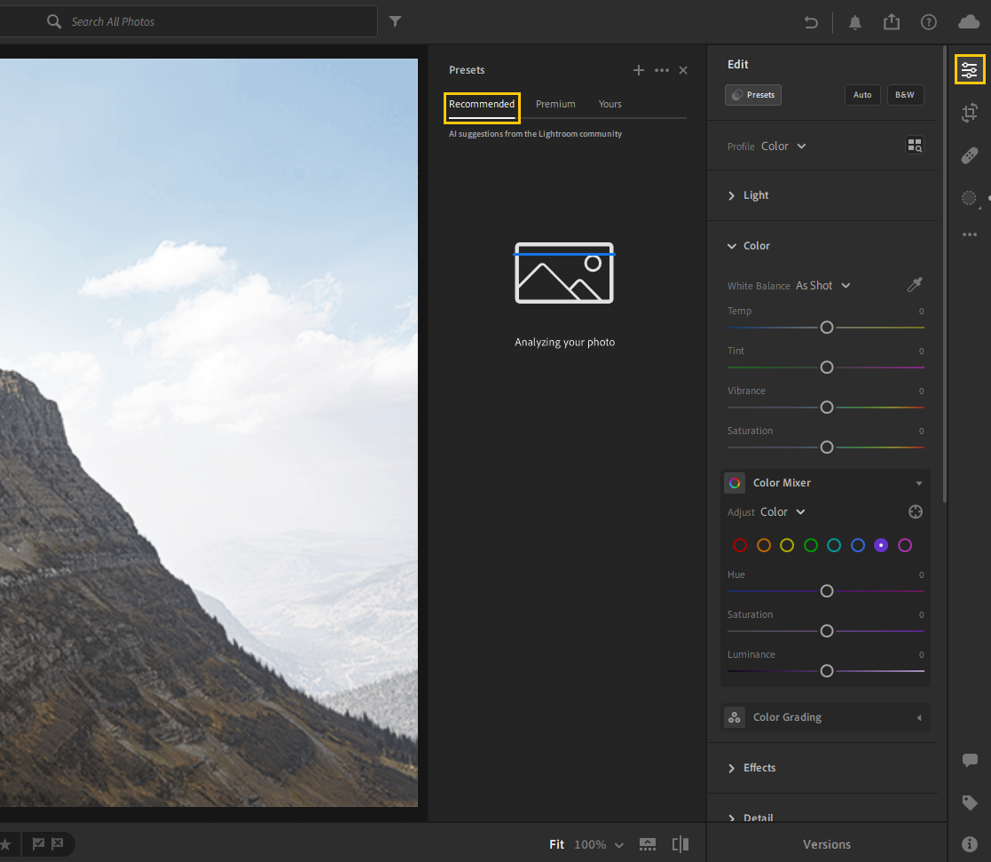 ［おすすめ］タブを開くと「Lightroom」が被写体を素早く解析し、写真をより美しく仕上げるための最適なプリセットを提案してくれる