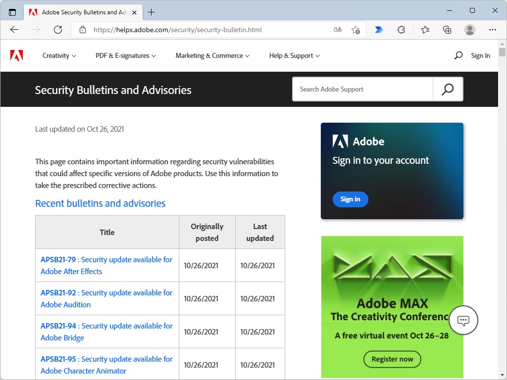 同社のセキュリティ情報ページ