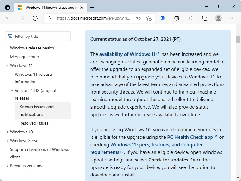 Windows 10のリリースヘルスダッシュボードにおける告知