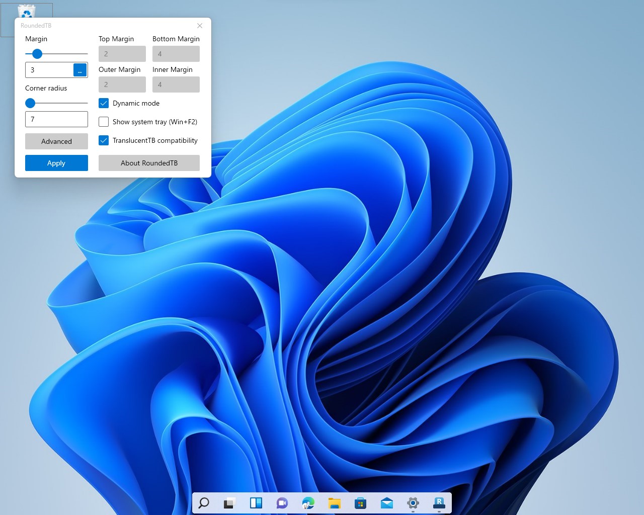 ［Advanced］モードへ設定すれば、タスクボタンの数に応じてタスクバーが伸縮する動的モード（Dynamic mode）に