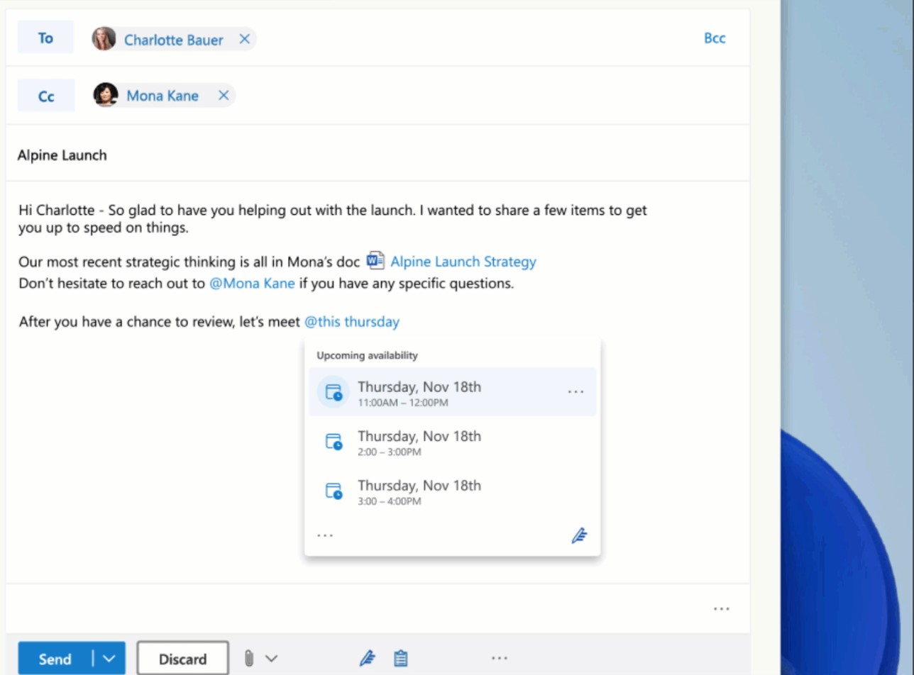メンバー全員が会議に参加できる時間帯を調べて、それを提案する「Microsoft Editor with Context IQ」