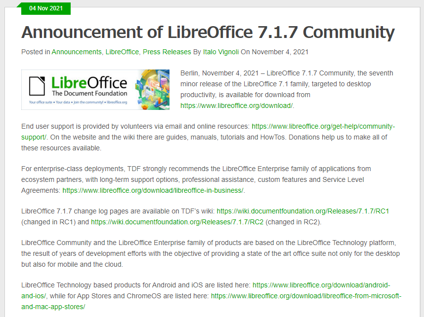 The Document Foundation、「LibreOffice 7.1.7 Community」を公開
