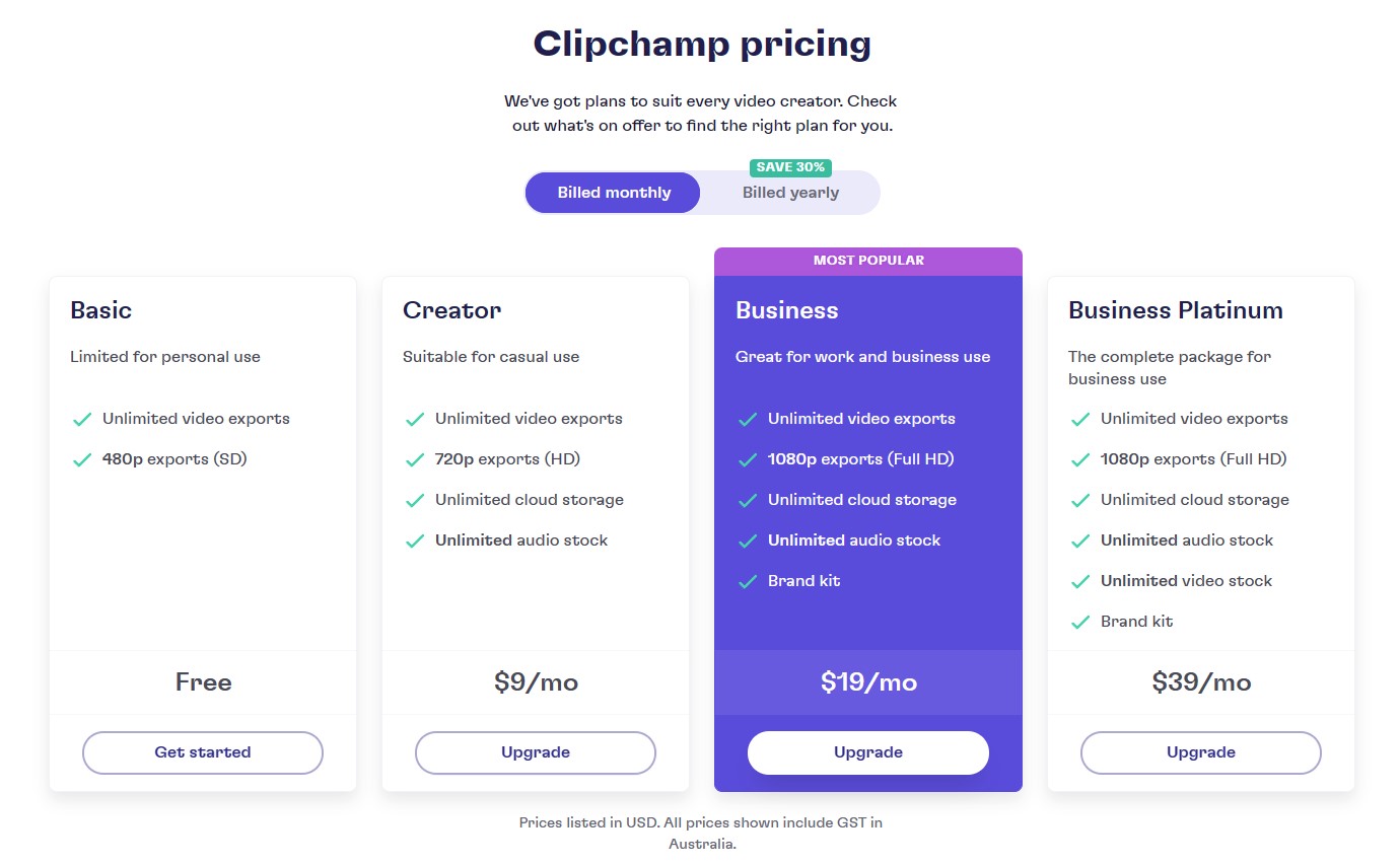 「Clipchamp」の料金プラン