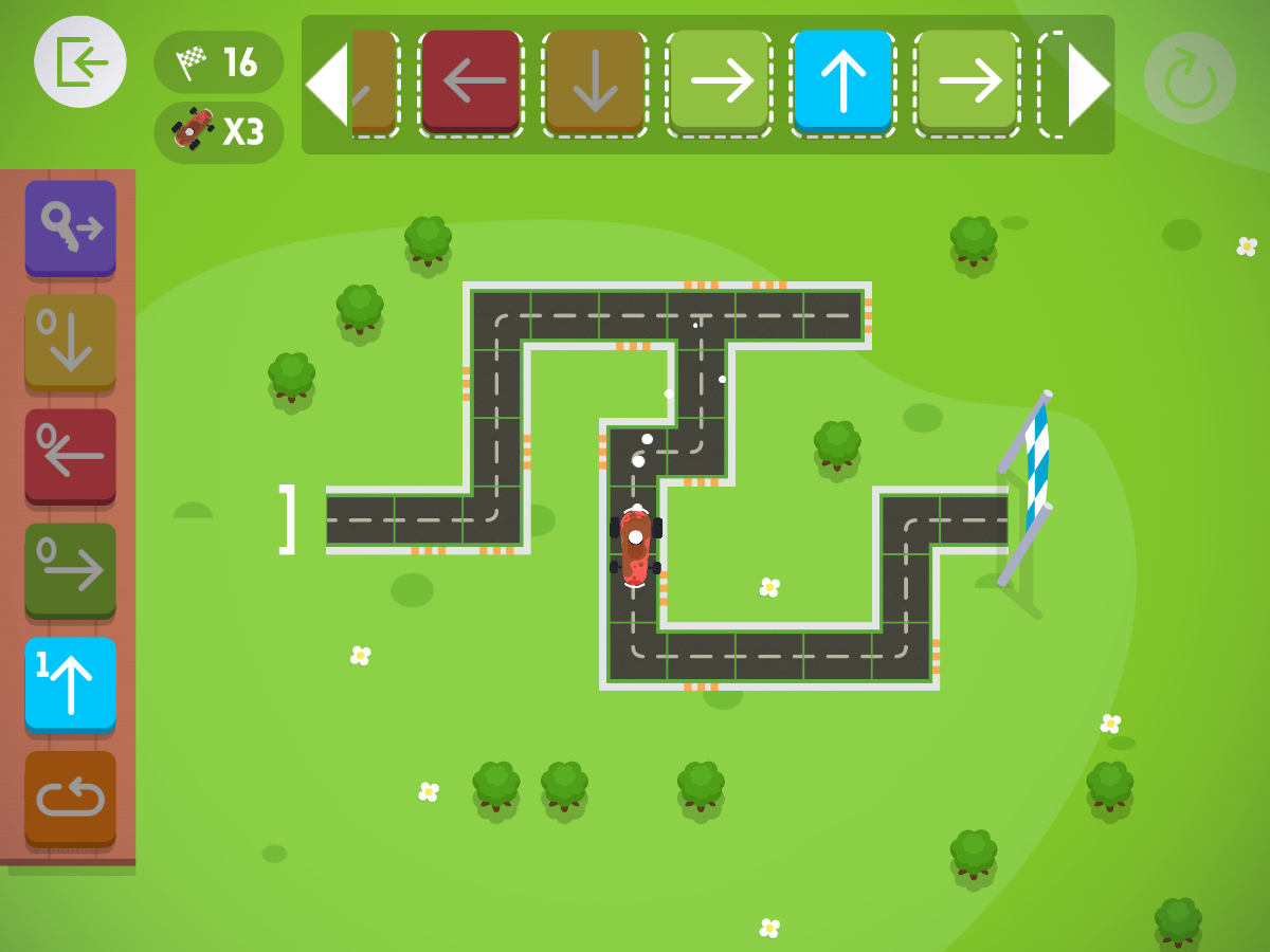 ステージが進むと現れる分岐した道。角や分岐ごとに進む方向を決める判断してプログラムブロックを並べる