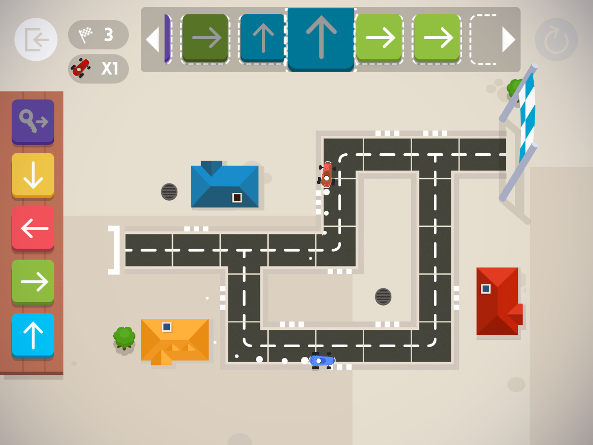 対戦モードの画面。青い車より短いルートを選んだので赤い車のプレイヤーが勝利するところ