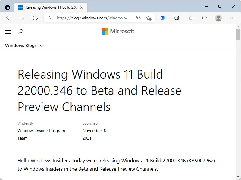 「Windows 11 Insider Preview」Build 22000.346がBeta/Release Previewチャネルで提供開始