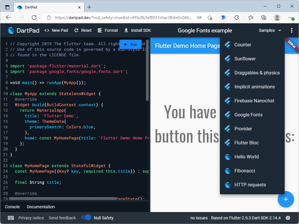 「DartPad」のサンプルにある「Google Fonts」