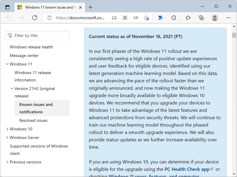 Windows 11のリリースヘルスダッシュボードにおける告知