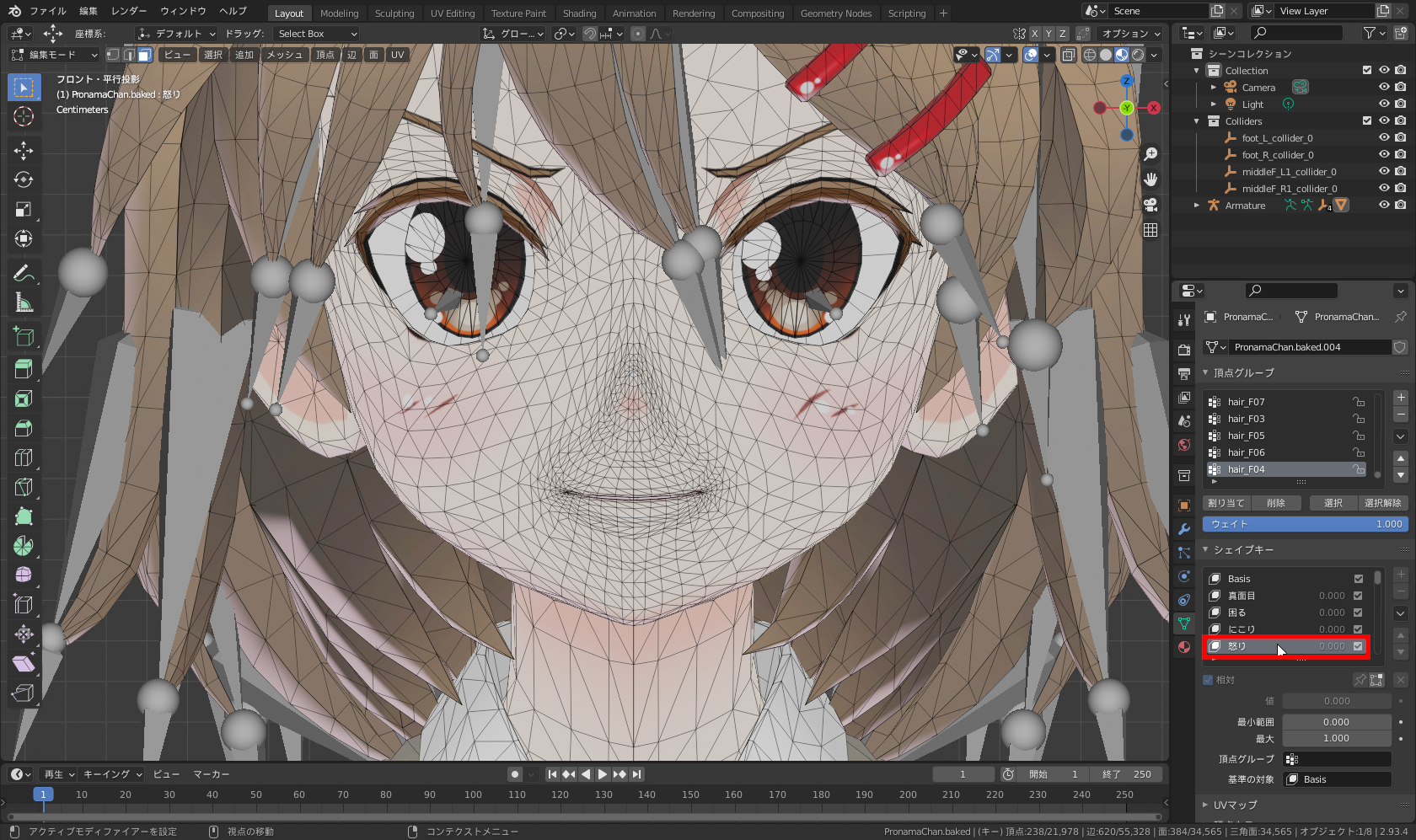 ［プロパティエディター］－［シェイプキー］パネルのリストから「怒り」をクリック