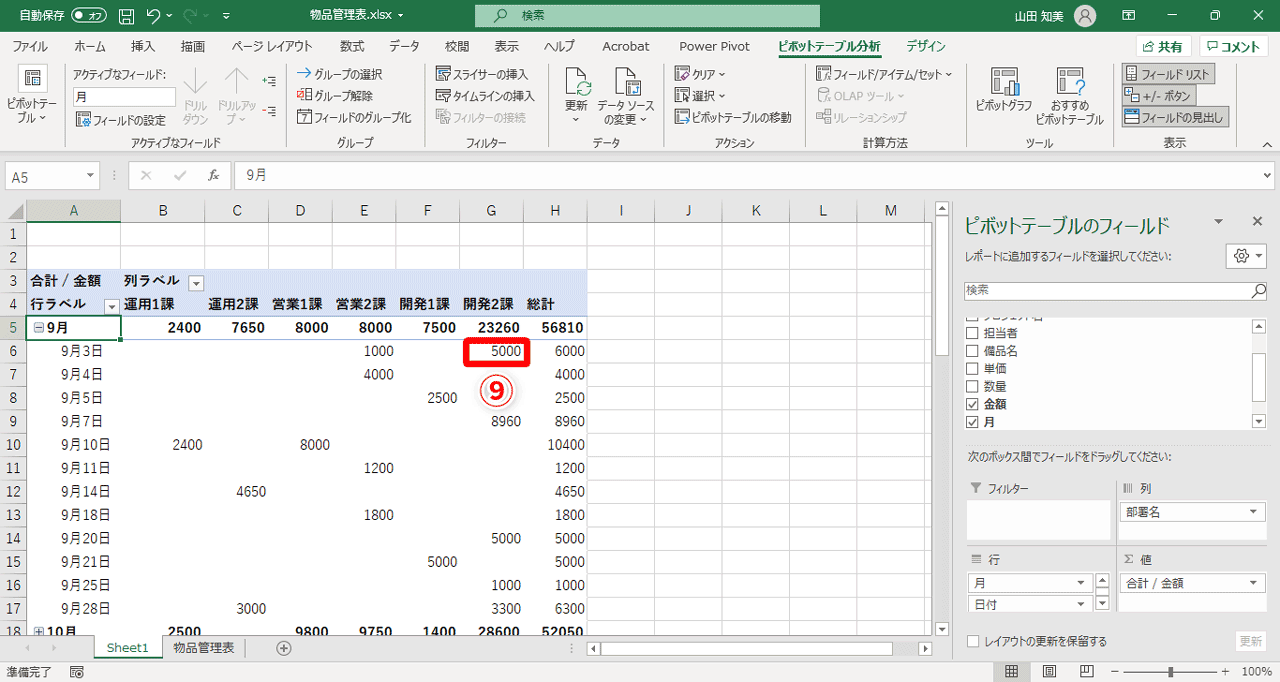 セル「G6」の金額（値）が更新されました（⑨）