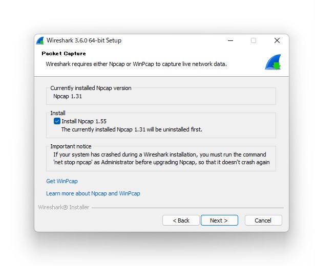 Windows版インストーラーには「Npcap 1.55」が含まれる