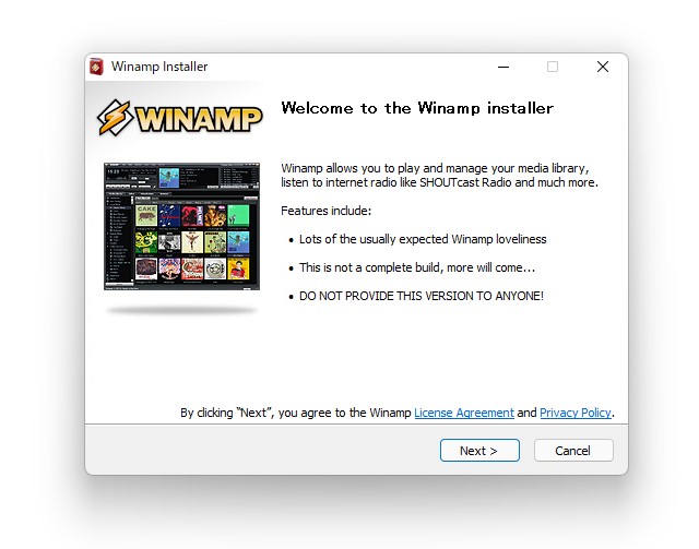 公式サイトでは「Winamp 5.8」のダウンロードも可能