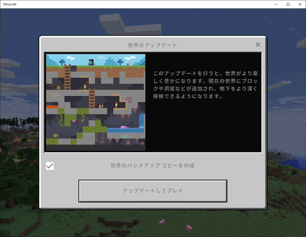 アップデート後に従来のバージョンで生成したワールドに入ろうとすると、以前の状態のワールドをバックアップするかどうかを尋ねられる