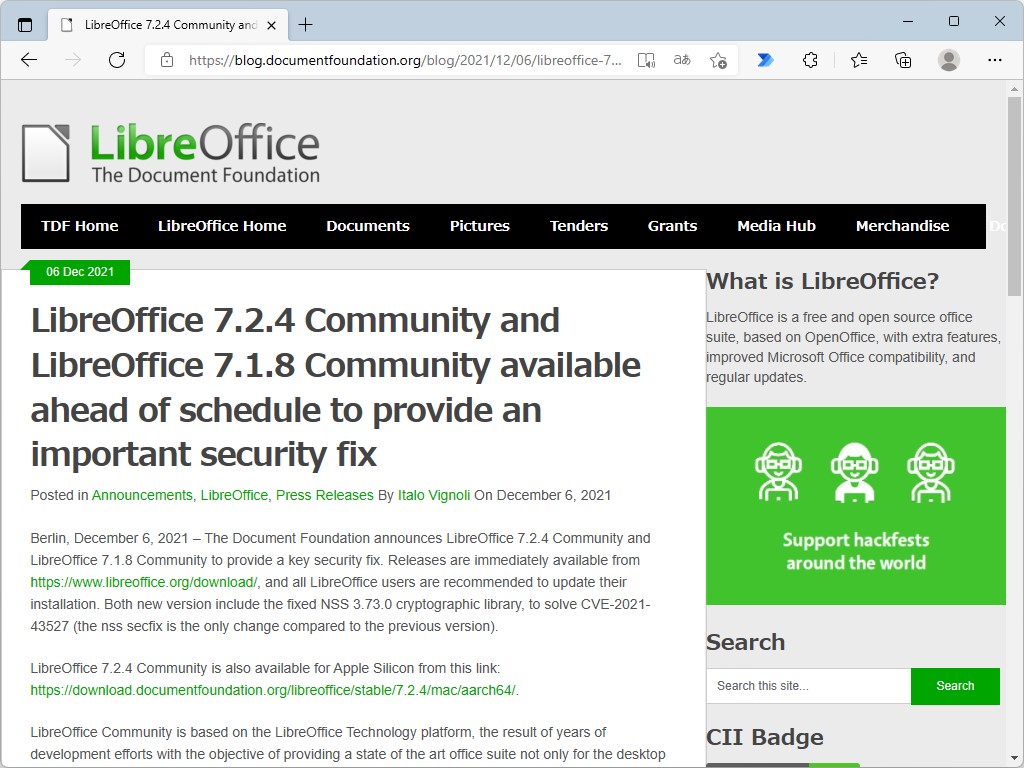 The Document Foundation、「LibreOffice 7.2.3 Community」を公開