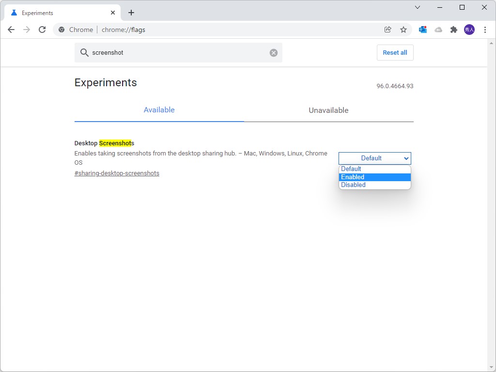 「chrome://flags/#sharing-desktop-screenshots」フラグを有効化