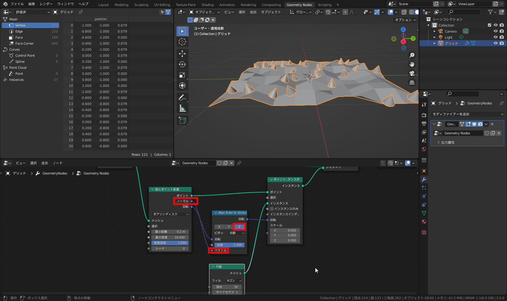 ［面にポイント配置］ノードの［ノーマル］ソケットと、［Align Euler to Vector］ノードの［ベクトル］ソケットをリンクし、［Align Euler to Vector］ノードを内の［Z］をクリック