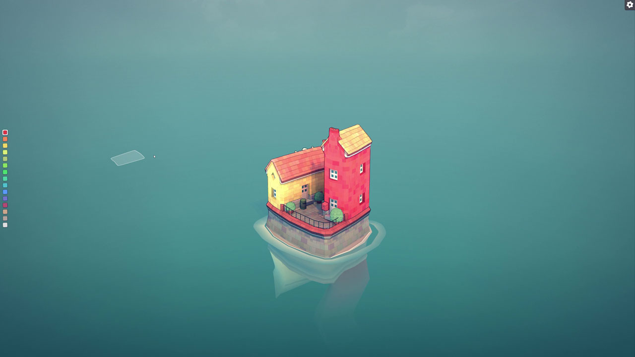 ゲーム開始時。海のような広い水場の中に、小さな島と家がある