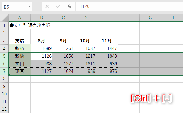 選択した3行が削除された