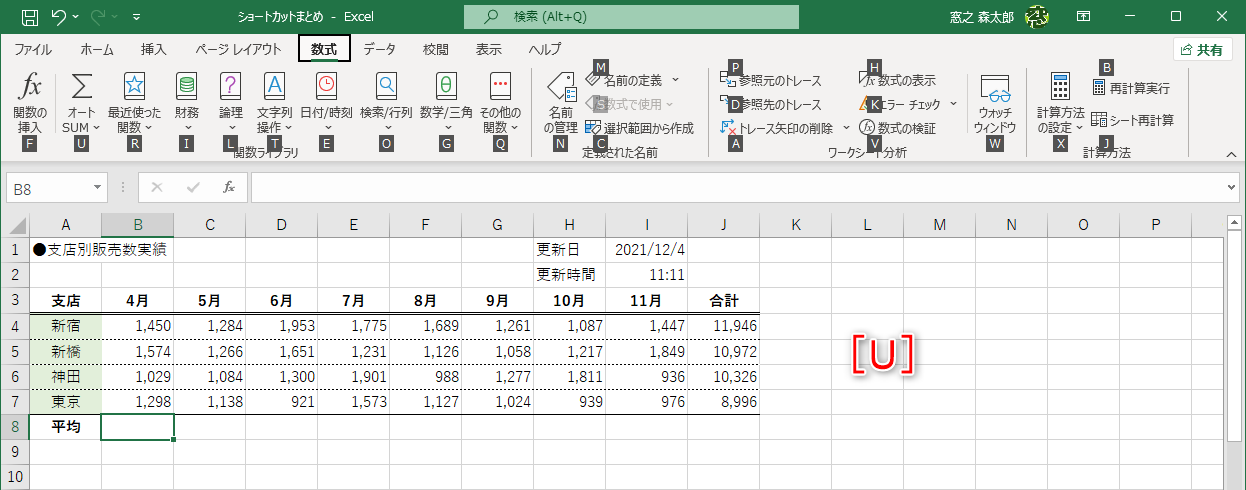 ［M］キーを押すと、［数式］タブに切り替わる