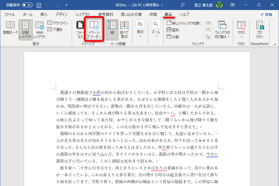 ［表示］タブの［イマーシブリーダー］をクリック