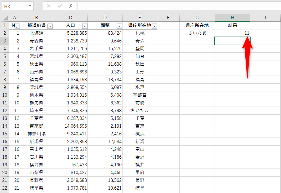 セルE2～E48で「さいたま」は11番目とわかった