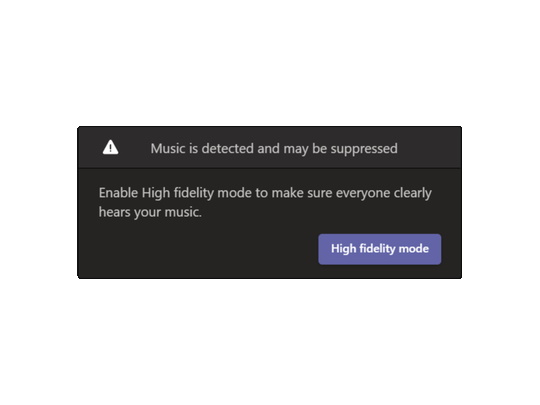 通話やミーティング中に音楽が検出されると、もう1つの新機能「忠実度の高い音楽モード」を有効にするよう促すポップアップが現れる