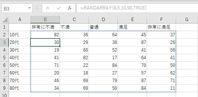 「RANDARRAY」で5×7の範囲で乱数を生成