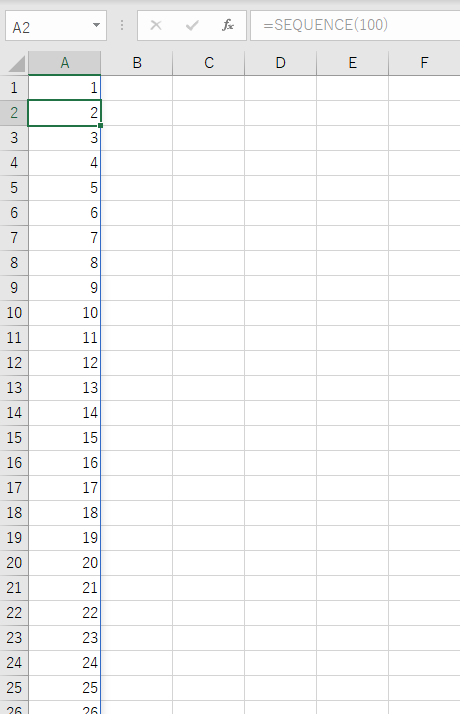 A列に1～100の連番が作成される