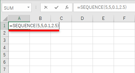 セルA1に「=SEQUENCE(5,5,0.1,2.5)」と入力する