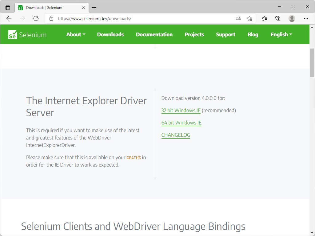 「Internet Explorer Driver」のダウンロードサイト